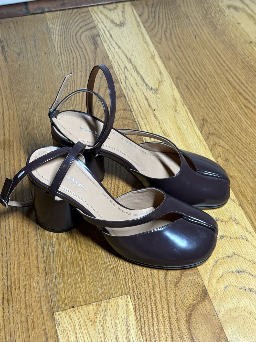 Women’s Madison Margiela Brown Patent Slingback Block Heel Pumps